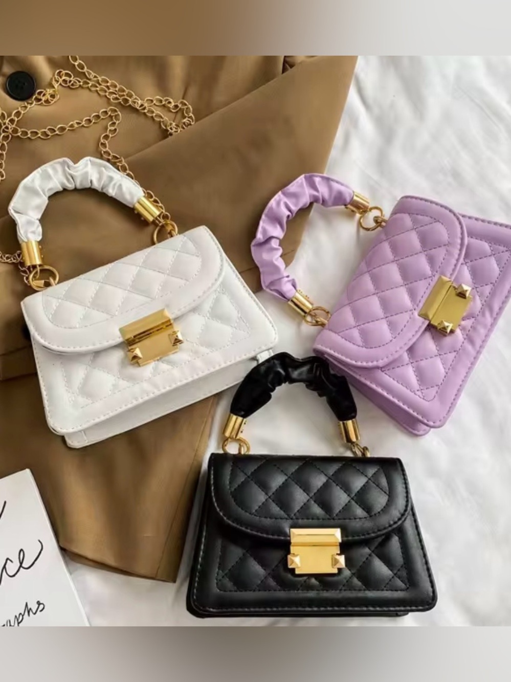 Quilted Lavender Crossbody Bag with Ruched Top Handle